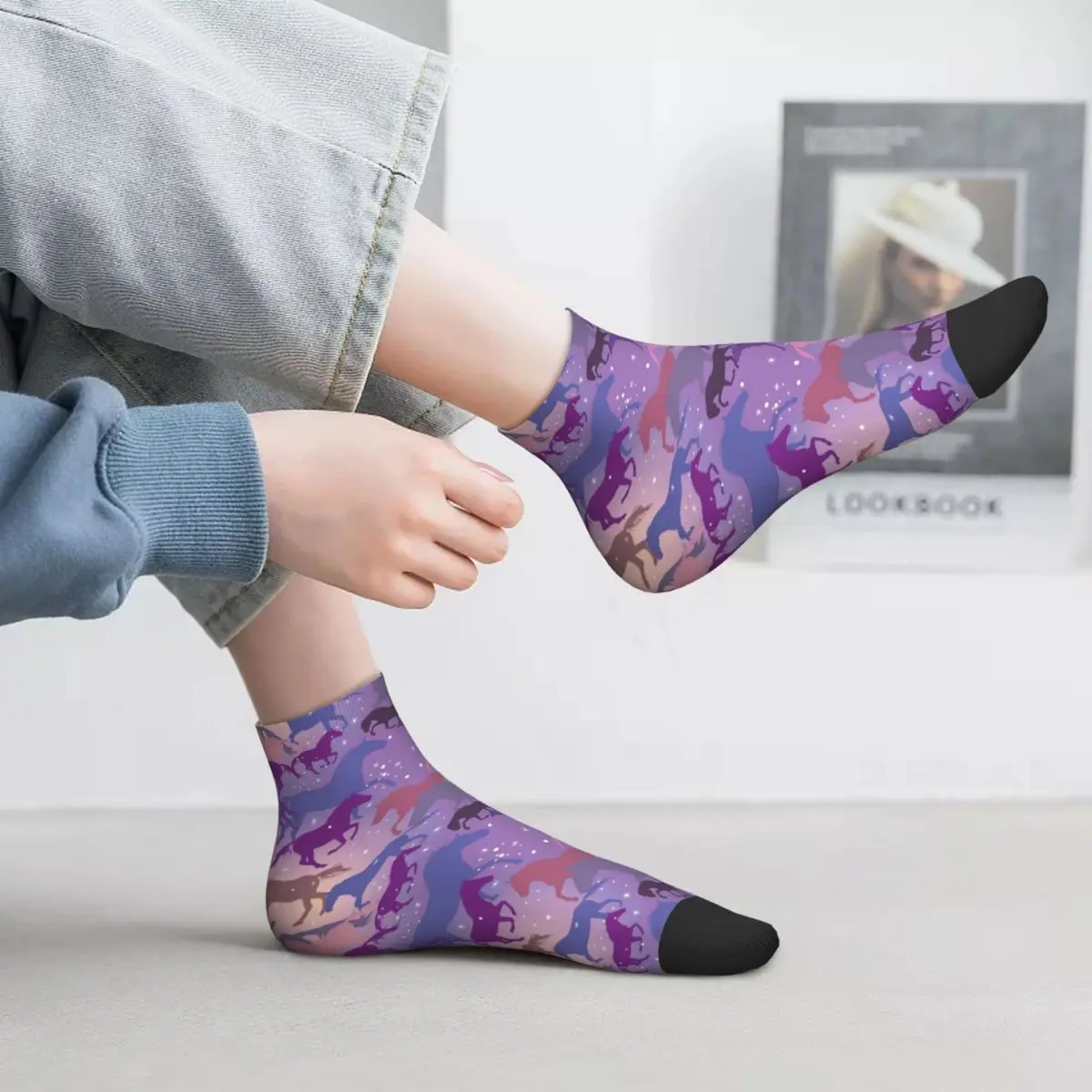 

Flare Horse Socks Wild Horses Riding On Purple Pattern Street Breathable Short Tubes Large Chemical Fiber Style Kids Socks