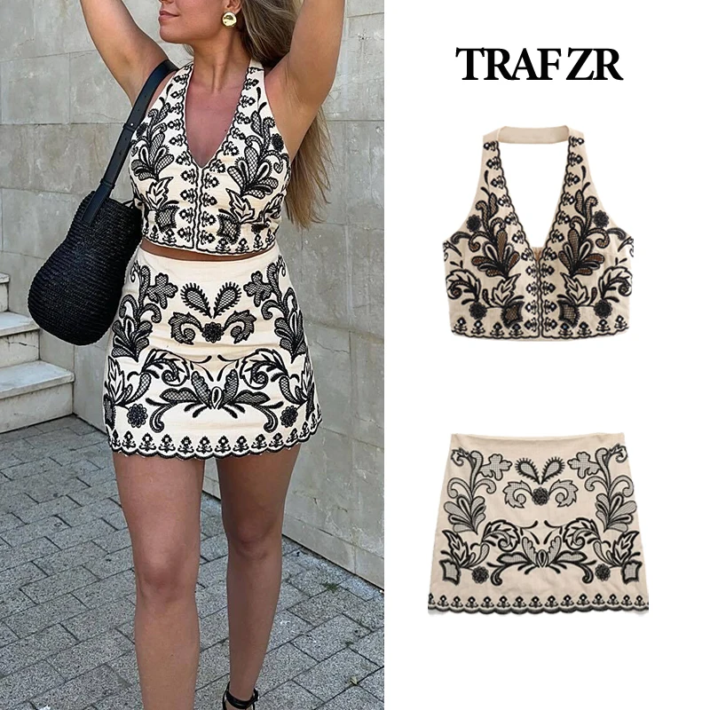 TRAF ZR Хлопковая вышитая комплект из 2 предметов для отпуска женская одежда с