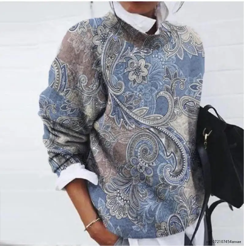 

Women Vintage Blouse Onersize Sweatshirts Flower Print Winter Cashmere Shirt Round Neck Long Sleeve Casual Blouse Pullover