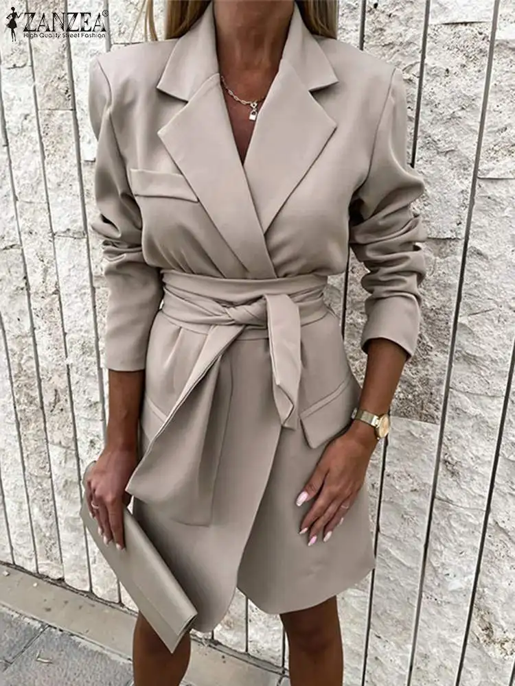 

ZANZEA Casual Long Sleeve Mini Dresses Suit Collar Fashion Blazer Formal Belted Blazer Dress Women Office Lady Short Vestidos
