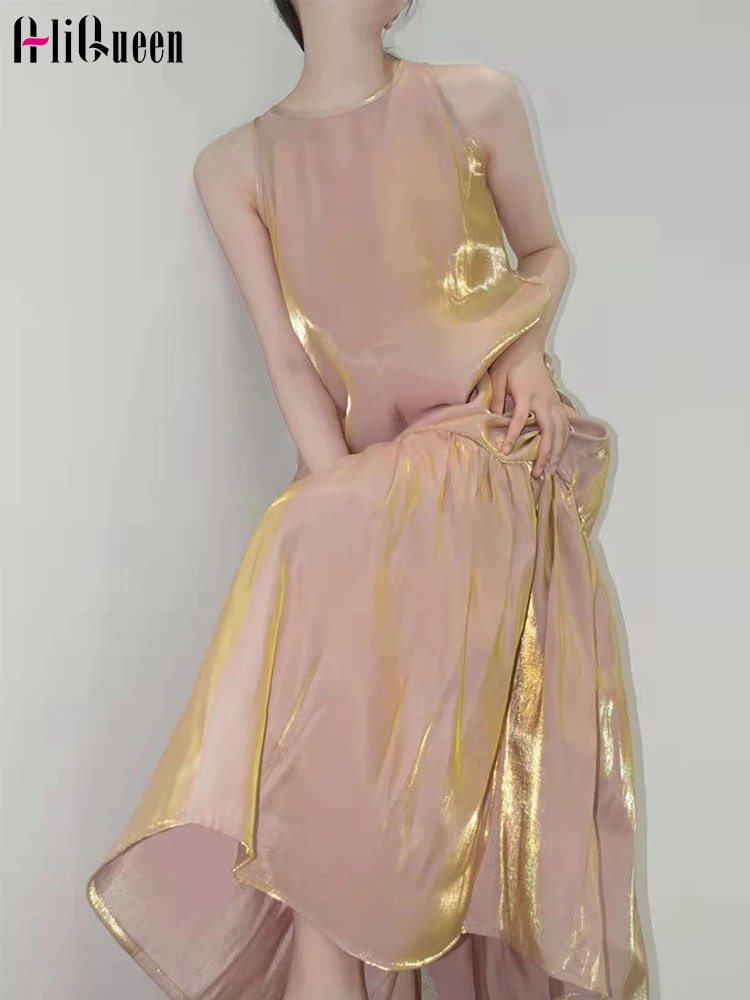 

Summer Women Vintage Sleeveless O Neck Patchwork Slik Trumpet Mermaid Party Dress Elegant Holiday Gilded Long Dresses Vestidos