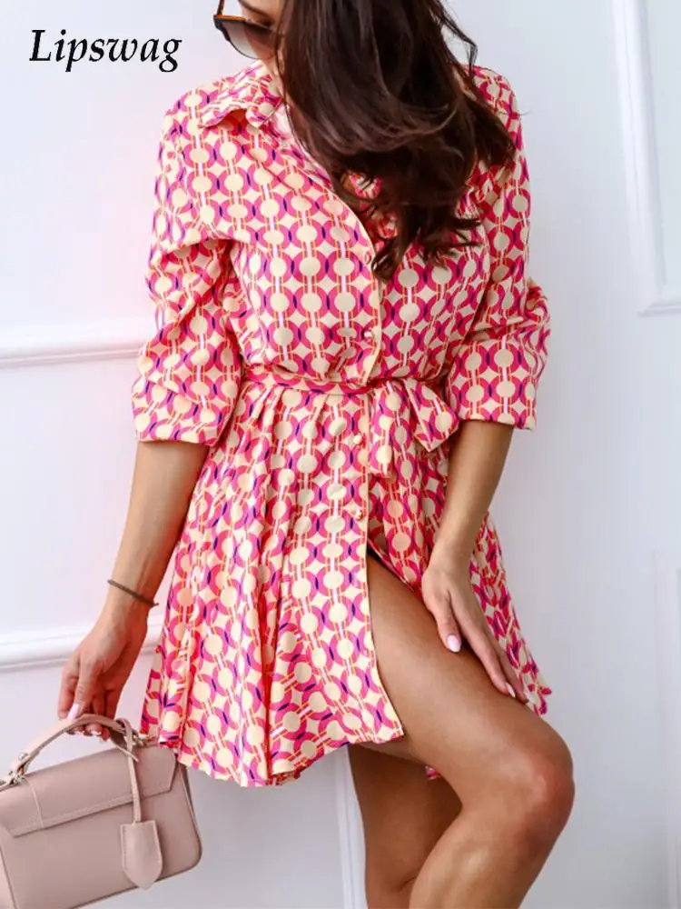 

Vintage Pattern Print Long Sleeve Slit Mini Dress Women Spring Elegant Turn-down Collar Button Dress Femme Fashion Lace-up Dress