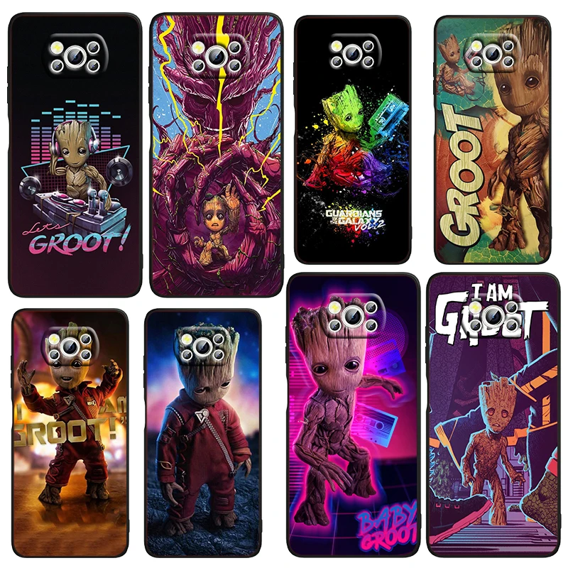 

Cute Cartoon Marvel Groot Phone Case For Xiaomi Mi Poco X4 X3 NFC F4 F3 GT M4 M3 M2 X2 F2 Pro C3 5G Black Fundas Soft Cover