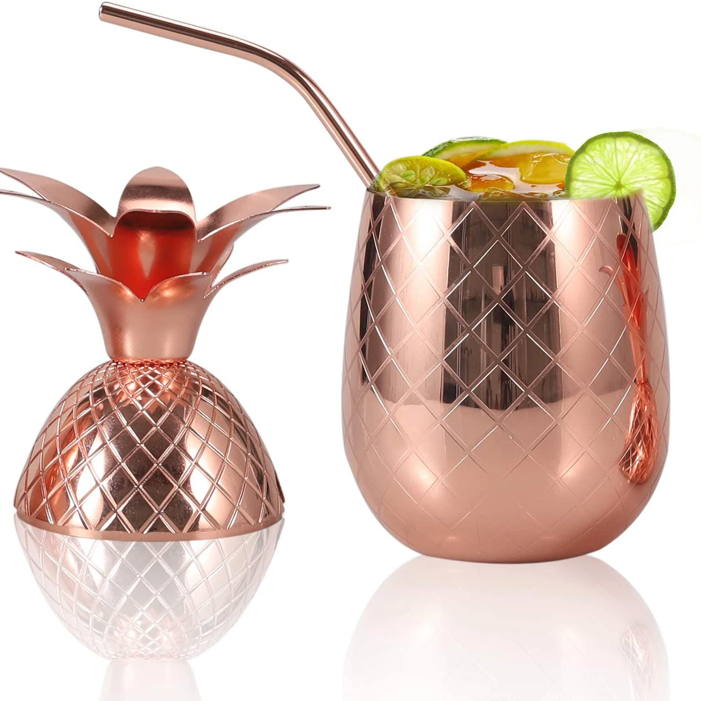 Pineapple Shape Moscow Mule Mug Cocktail Copper 16oz Coffee Milk Cup Drinkware with Lid Straw