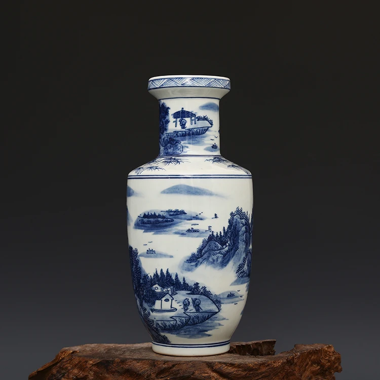 

Сине-белая керамическая ваза ручной росписи, антикварные вазы Цзиндэчжэнь, горы династии Цин