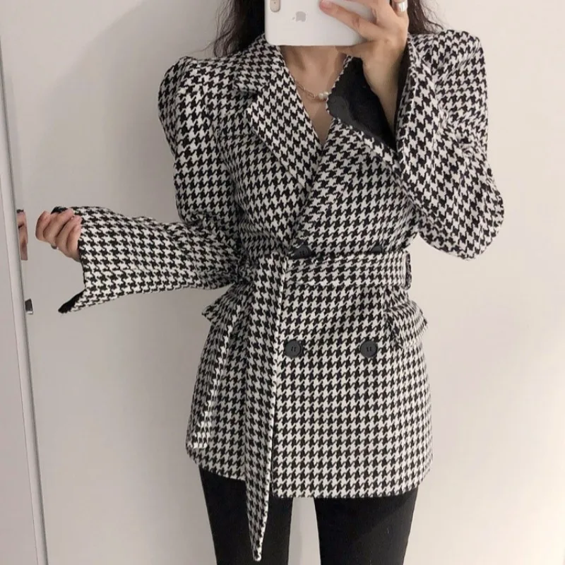 Autumn Winter New 2023 Houndstooth Blazers Women Jacket Woolen Pocket Checkered Puff Sleeve Lace Up Wild Tops Slim Vintage Coat