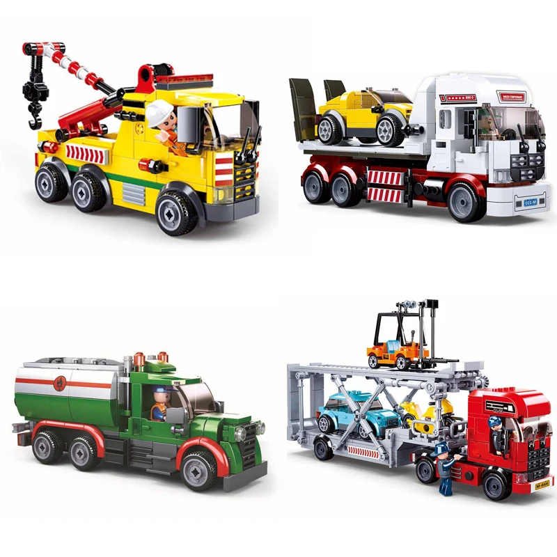 

City Car Service Center Crane Tanker Truck Trailer Transporter Building Blocks Kit Bricks Classic Model Kids Toys Children Gift