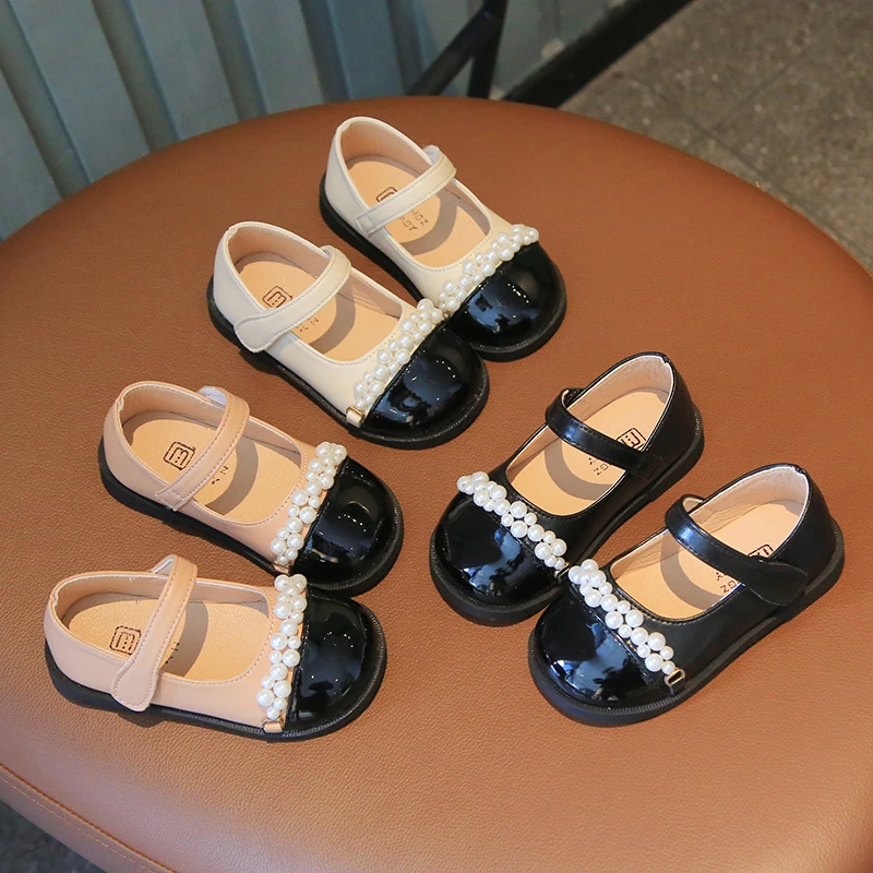 

Baby Girl's Mary Janes Pearl Elegant Patchwork Children Leather Shoes School Three Colors 21-30 Fashion Kids Autumn Flat Shoes