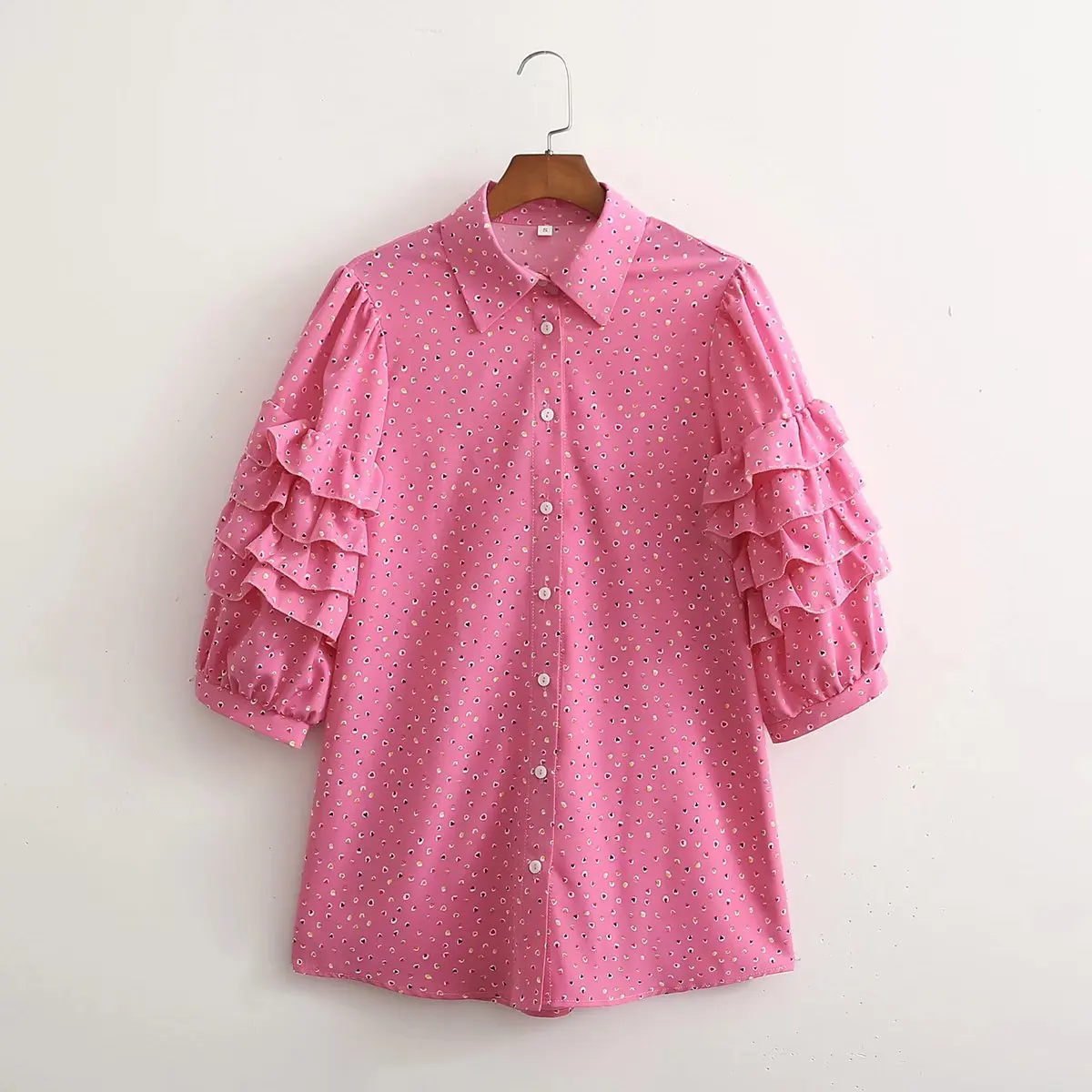 

SuperAen 2022 Women's New Style Cute Dot Print Sleeve Laminated Single-breasted Turn Down Collar Shirts Blouse