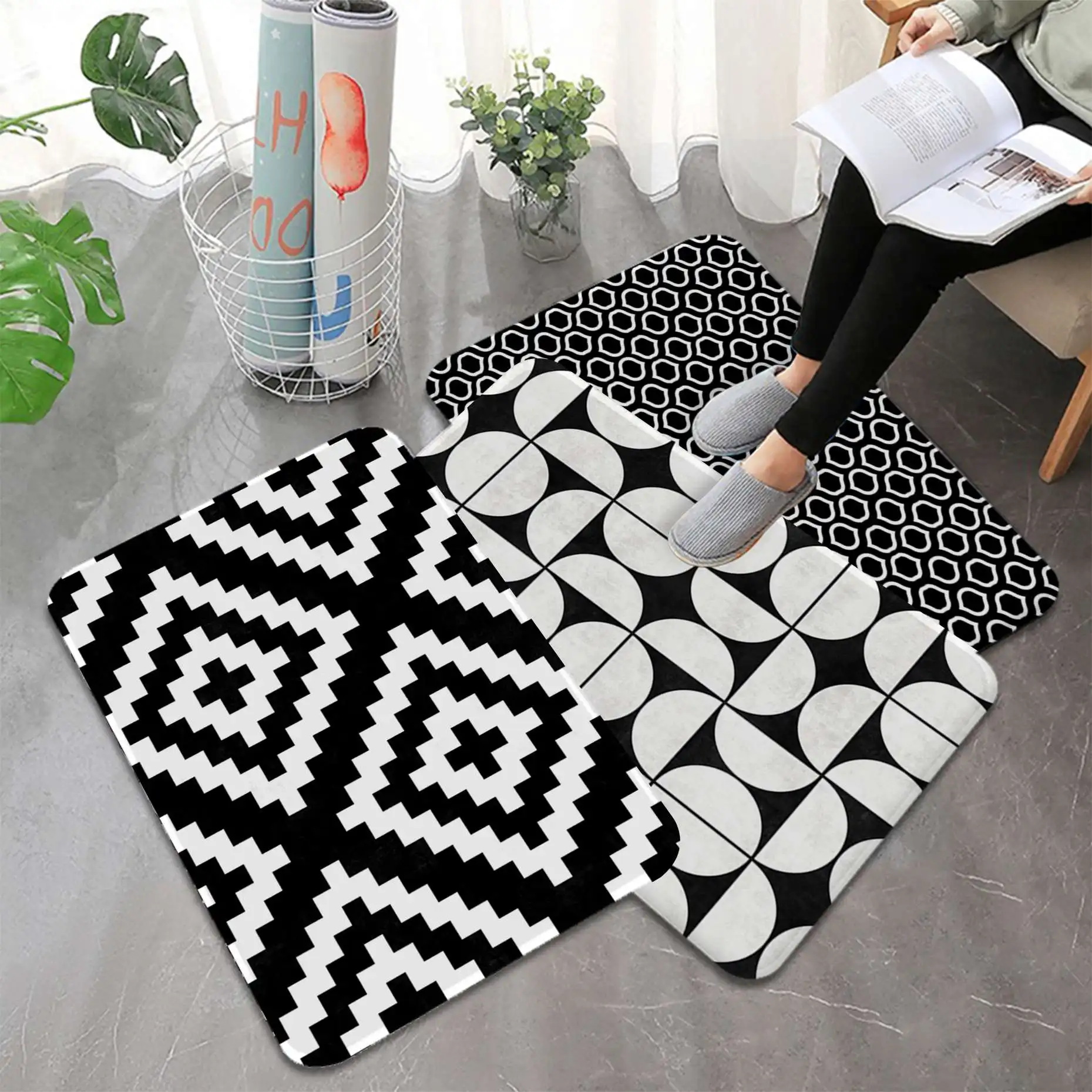 

Abstract Black And White Wave Printed Flannel Floor Mat Bathroom Decor Carpet Non-Slip For Living Room Kitchen Welcome Doormat