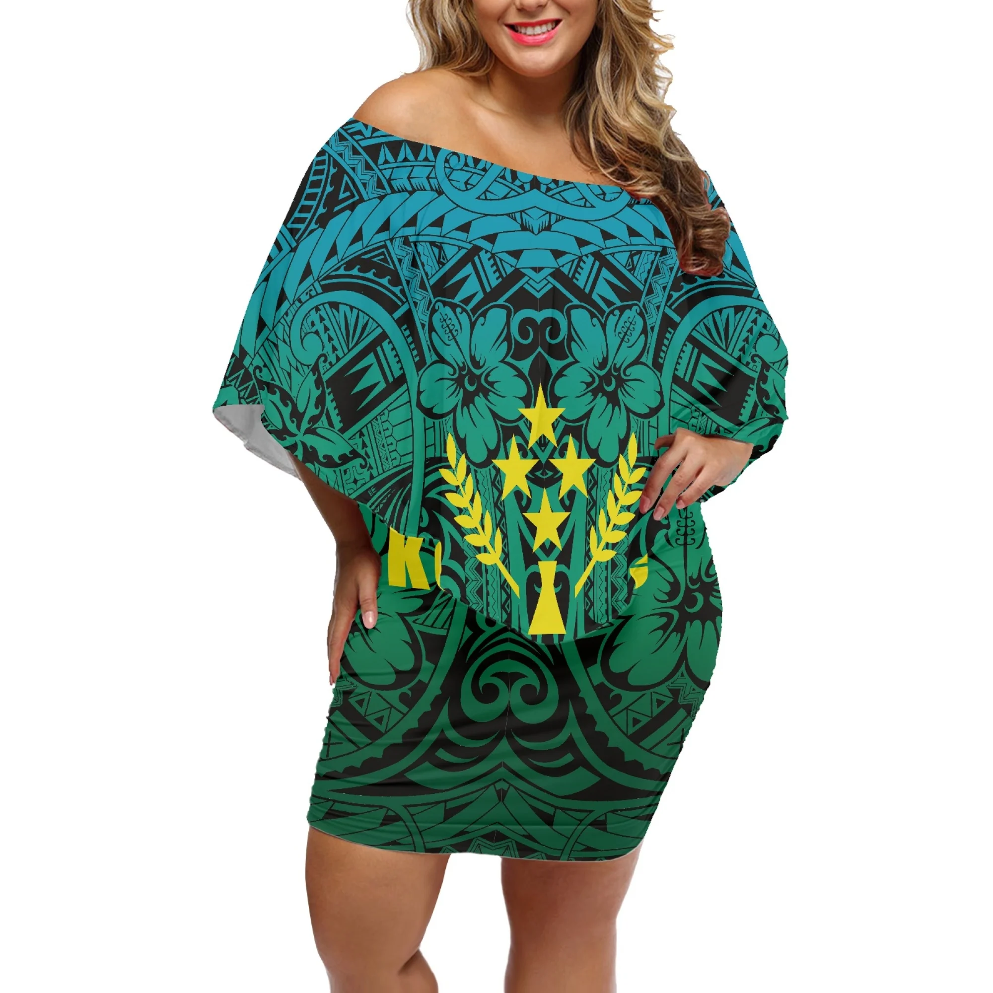 

2022 New Style Blue Dress Samoa Pattern Cores Printing Short Skirt Off-The-Shoulder Sexy Dress Summer Women's Clothing