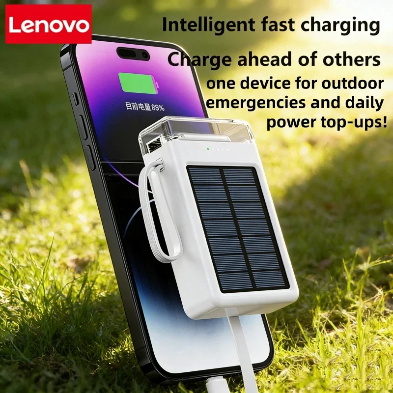 Фото Портативный солнечный внешний аккумулятор Lenovo 50000 мАч с LED-фонариком, встроенным кабелем и функцией Power Bank для iPhone №3