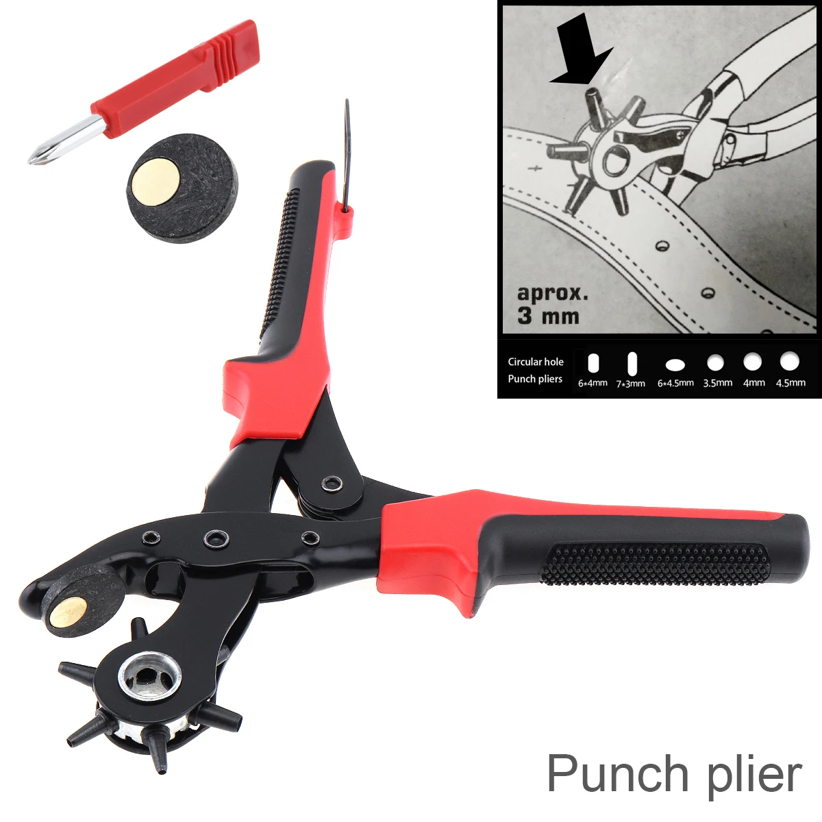 

Strap Leather Hole Punch Hand Plier Belt Puncher Revolving 1 Oval and 2 Flat and 3 Round Hole