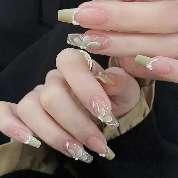 

Накладные ногти с длинным балетом, полное покрытие, зеленый цветок, французский дизайн, жемчужные накладные ногти, носимые накладные ногти для маникюра