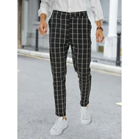 slim fit casual fashion lattice suit pants for men office business checkered pants spring dress black plaid trousers streetwear