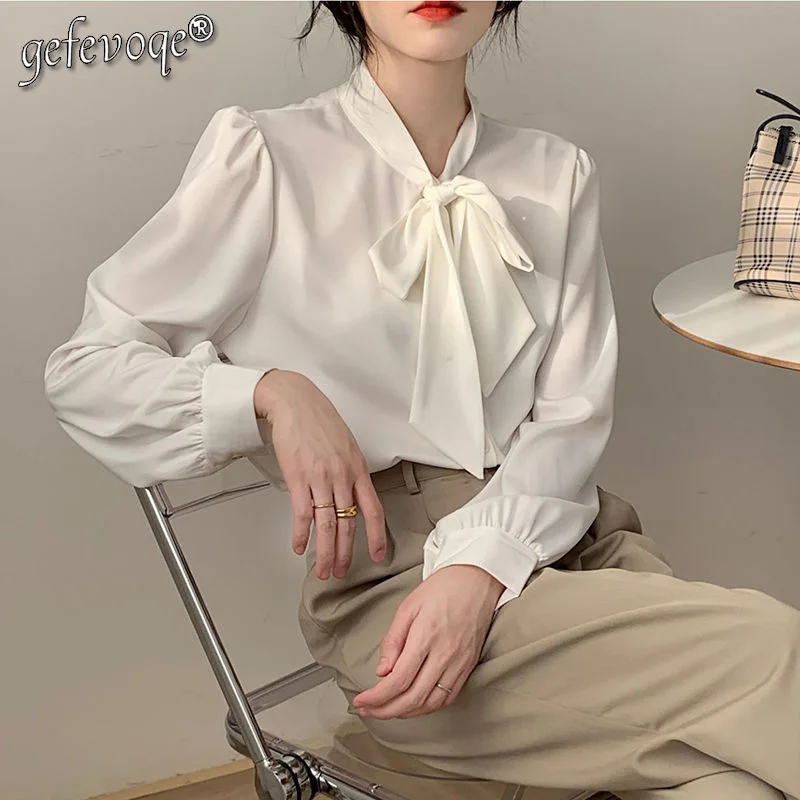 

Женский Осенний Белый Топ с длинным рукавом, Женская Высококачественная шифоновая рубашка на весну и осень, новая рубашка с бантом, професс...