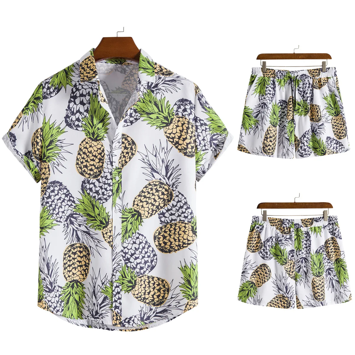 Summer Men's Hawaiian Shirt 3D Pineapple Print Short Sleeve Harajuku Hip Hop Shirt Top Beach Shorts Two Piece