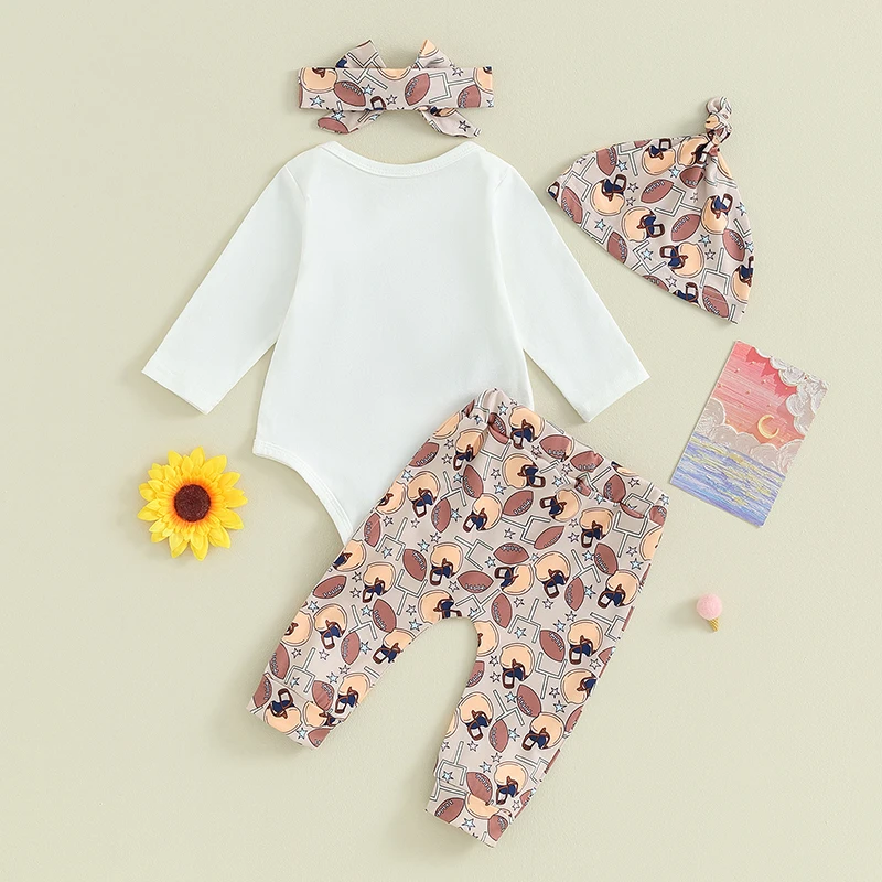 

Baby 4 Piece Clothes Outfits Rugby Print Long Sleeve Rompers and Pants Beanie Hat Headband Set for Infant Toddler