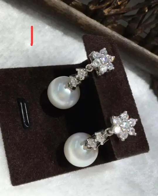 free shipping luxury Noble jewelry Genuine pair AAA++ 10mm south sea white freshwater pearl earring crystal 925silver