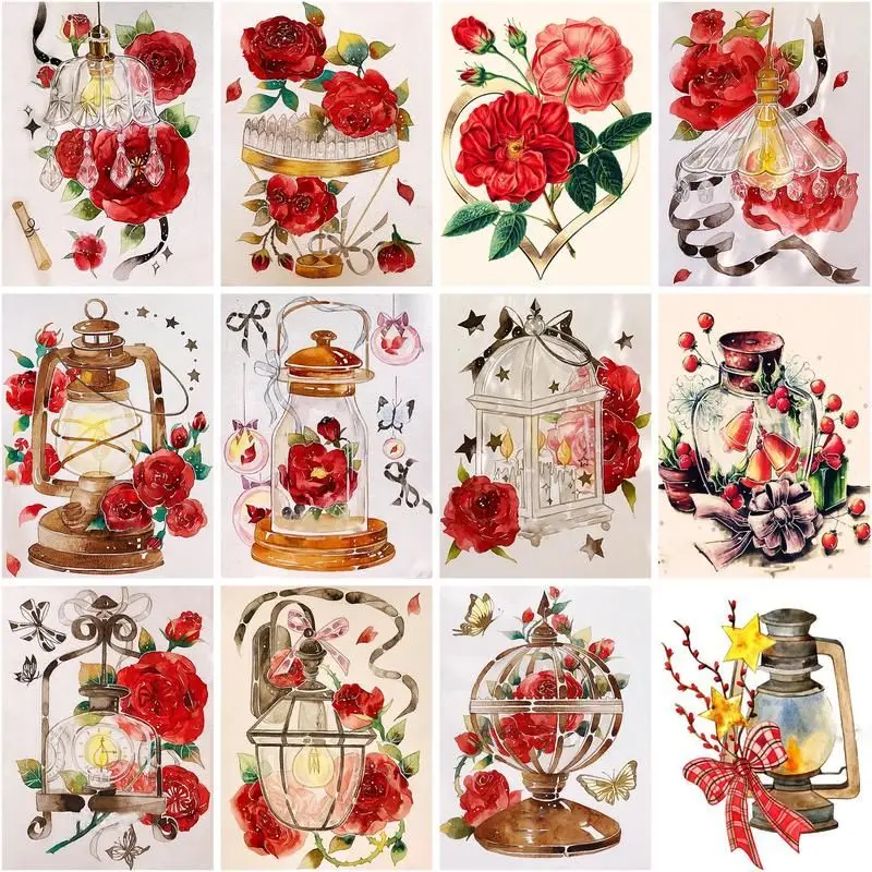 

CHENISTORY Painting By Number Red Flowers Kits Drawing On Canvas Wall Art Handpainted Diy Picture By Numbers Oil Lamp Home Decor