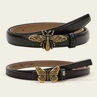 2pcs personality insect thin pu womens belt simple luxury butterfly buckle waist strap female dress jeans decorative waistband
