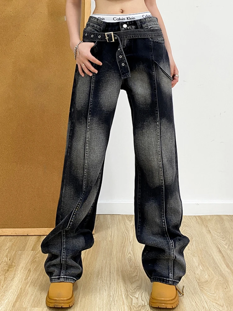 WeiYao Korean Fashion Belt Low Waist Straight Jeans Tie Dye Print Aesthetic Vintage Denim Trousers Women Stitched Grunge Cloth