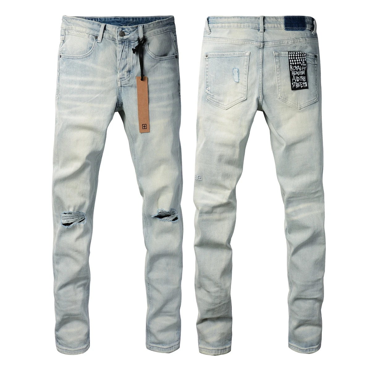 Американская уличная мода KSUBI Cross Jeans Vintage Wash Do Old Patch Голубые эластичные узкие