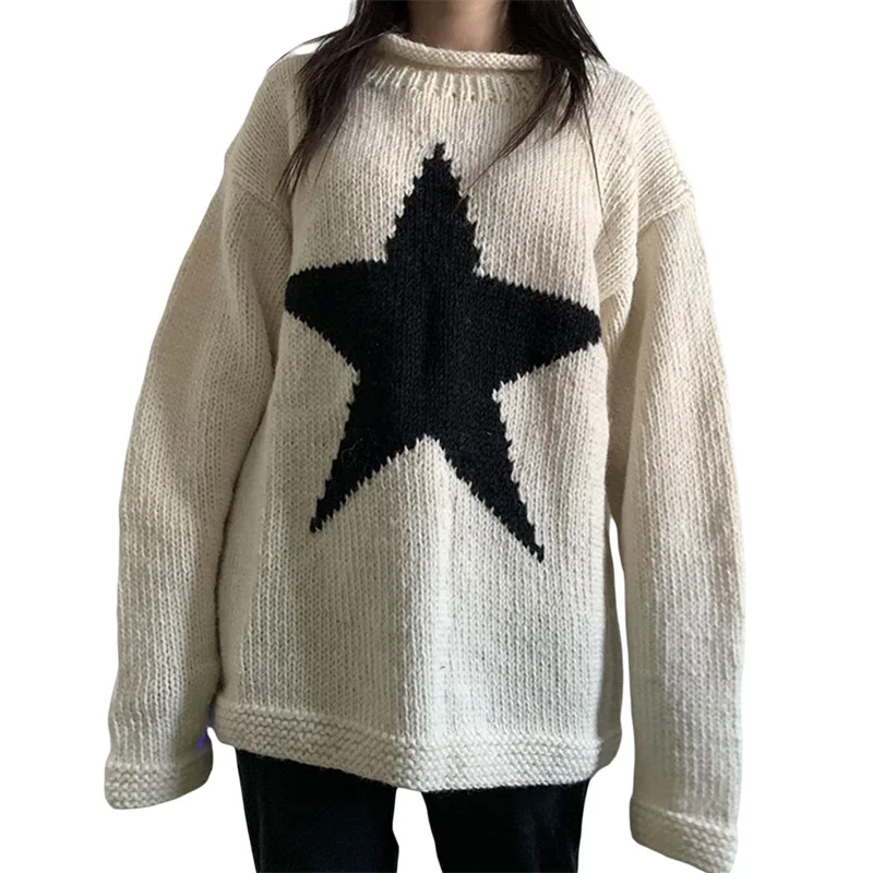 

New Y2k Loose Knitted Women Sweater Star Pattern Pullovers Ladies Round Collar Long Sleeve Knitwear Jumpers Clothes Streetwear