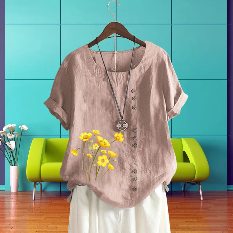 

Yellow Flower Floral Pattern Pullover Top for Summer Lady's T Shirt Women's Clothing Round Neck Printed Loose Linen Short Sleeve