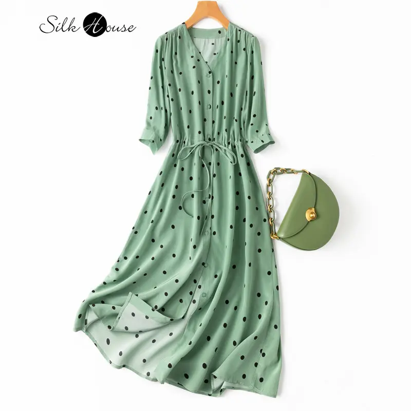 French Bean Green 04Crepe De Chine Silk V-neck Mulberry Silk Five Quarter Sleeve Polka Dot Waist Shirt Style Medium Length Dress