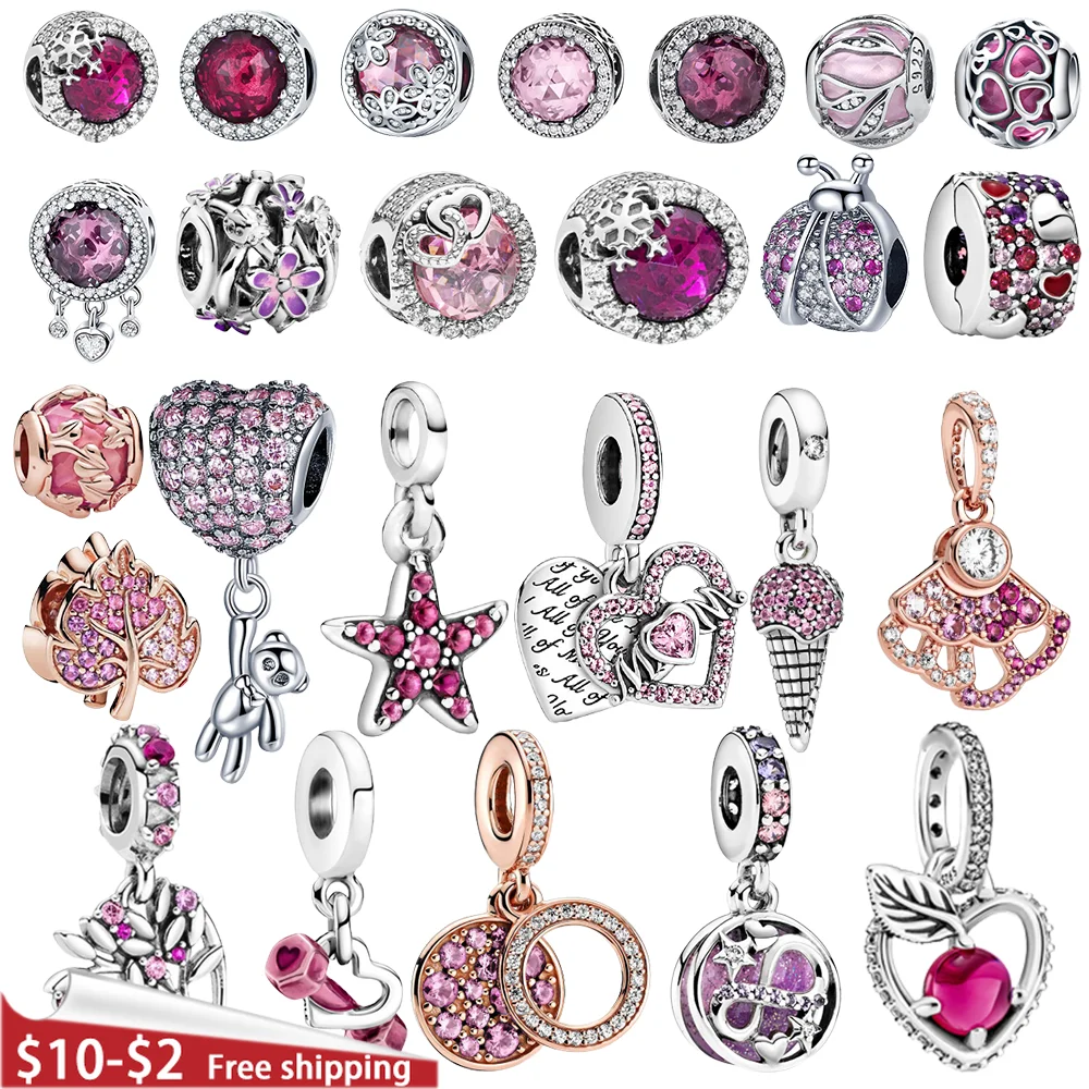 

New 925 Sterling Silver Pink series Mom Beads Charm Fit Original Pandora DIY plata ley Bracelets Charm For WomenGift Jewelry DIY