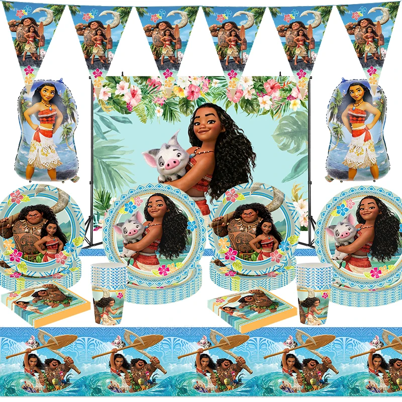 Disney Moana Cartoon Party Tableware Cup Straw Plate Napkins Candy Box Banner Flags Kid's Birthday Party Decorations Supplies