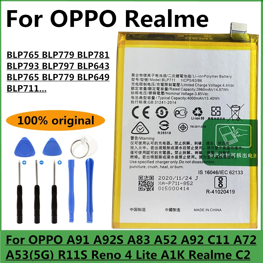 

Оригинальный аккумулятор BLP765 BLP779 BLP781 BLP793 BLP797 BLP643 для Oppo A91 A92S A83 A52 A92 C11 A72 A53(5G) R11S Reno 4 Lite A1K