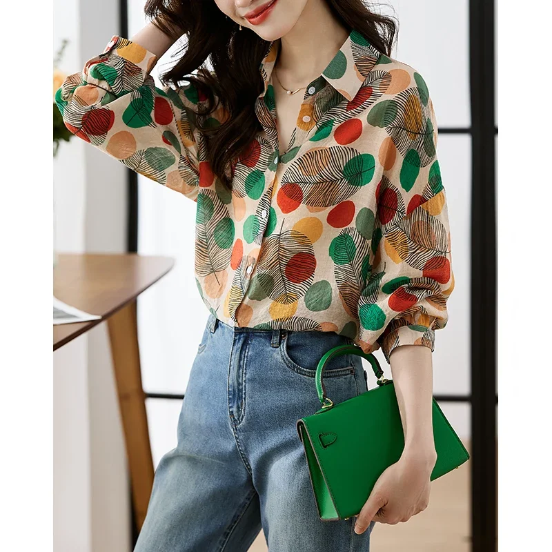 Шикарная Тонкая Повседневная женская шифоновая рубашка в стиле ретро с цветным