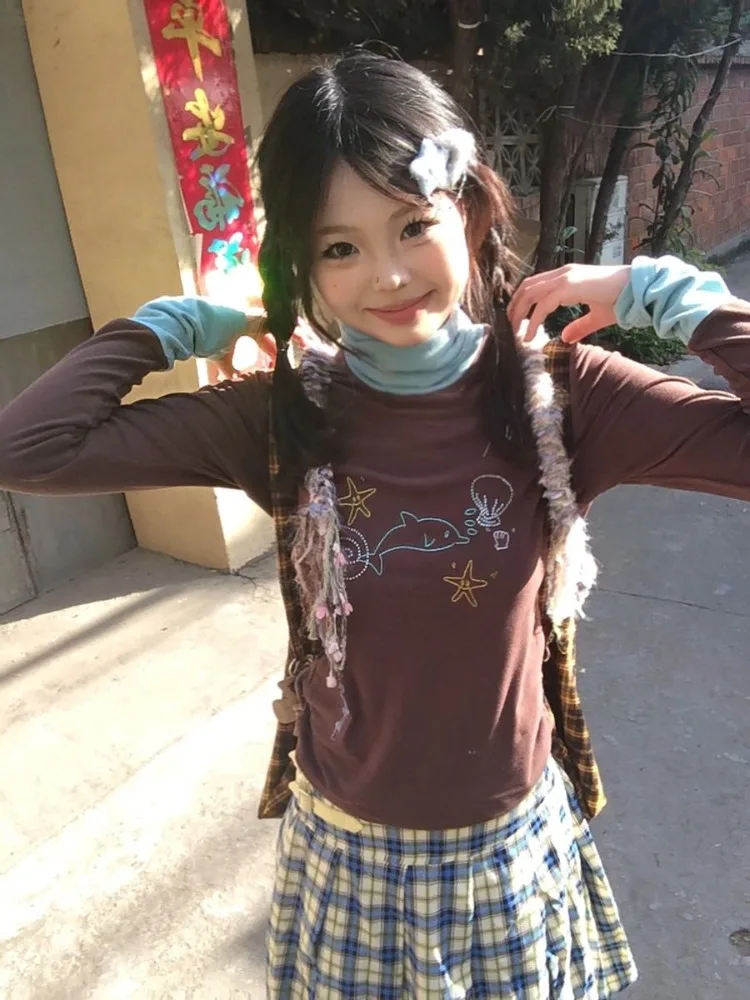 QWEEK Винтажная Футболка Y2k Kawaii Женская водолазка милые Мультяшные коричневые