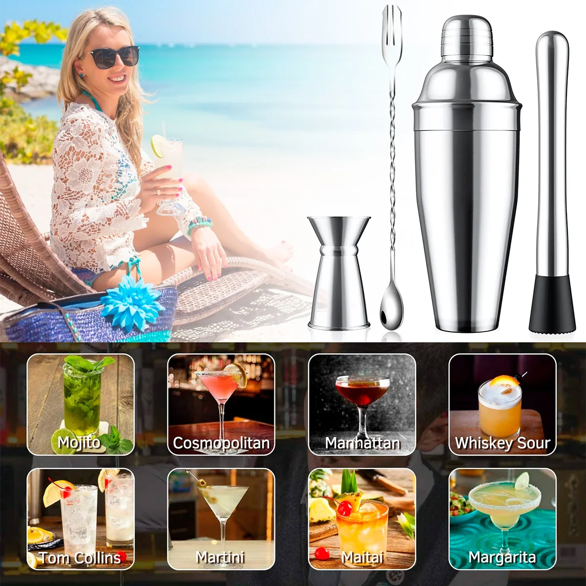 

Cocktail Shaker Bar Set Plactic&Wood Holder Stainless Steel Copper Plated Cocktail Shaker Bartender browserKit Bars Set Tools