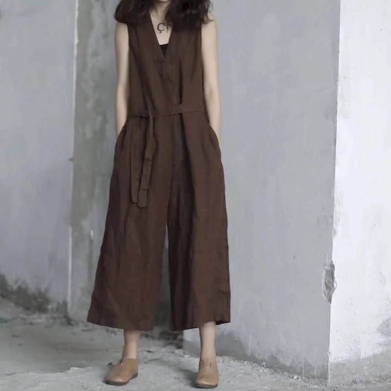 Хлопковые и льняные комбинезоны женские эстетические цельные наряды в корейском