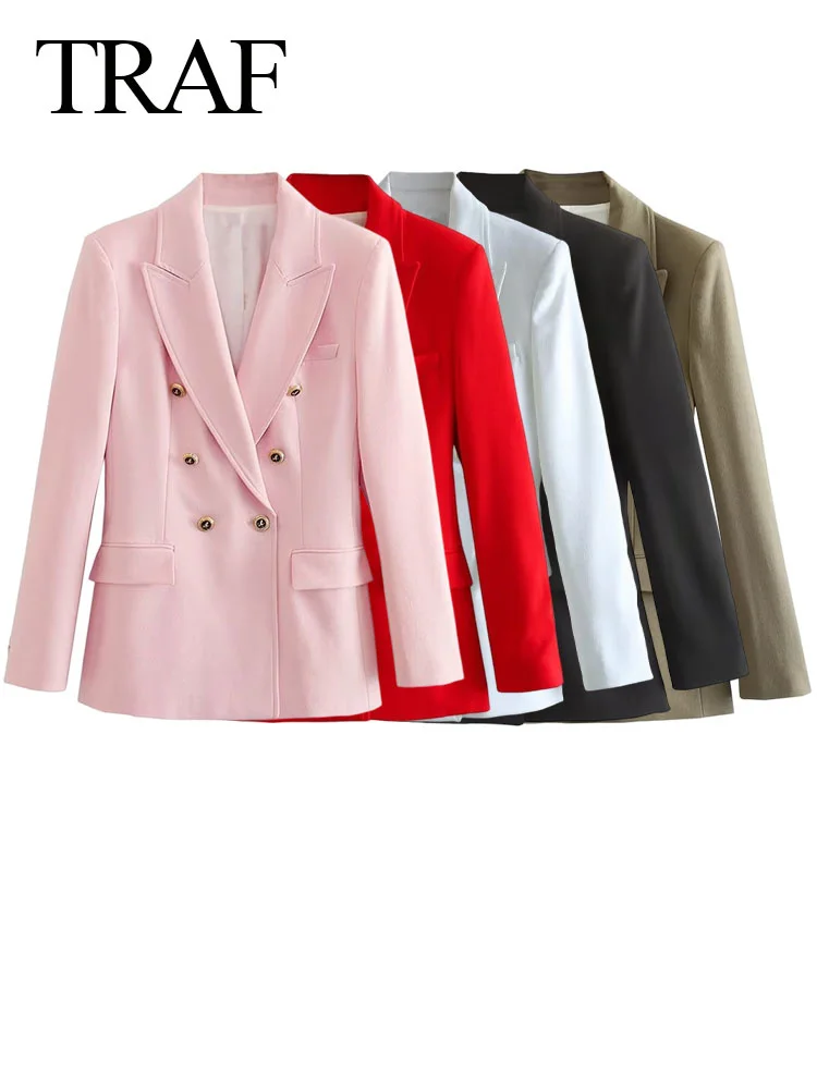 

2023 Female Fashion Multiple Colour Commute Outerwear Woman Chic Long Sleeve Lapel Fake Pocket Double Breasted Slim Suit