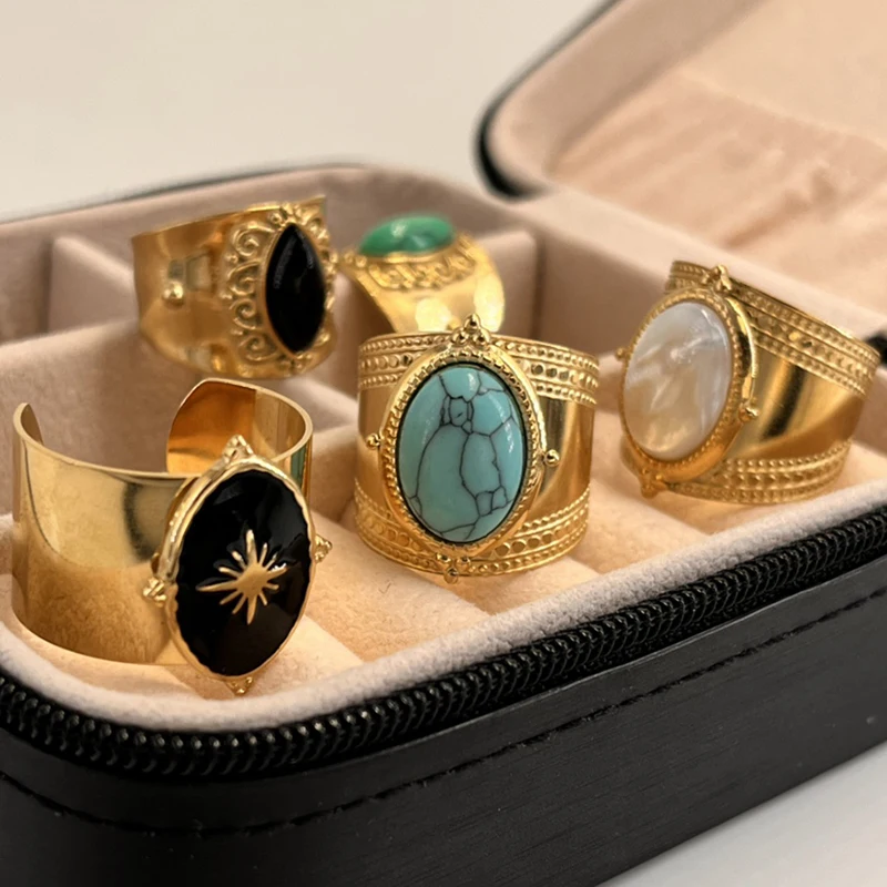 

Bohemia Turquoise Natural Stone Wide Open Rings for Women 14K Gold Plated Stainless Steel Ring Finger Rings Women Jewelry Gifts