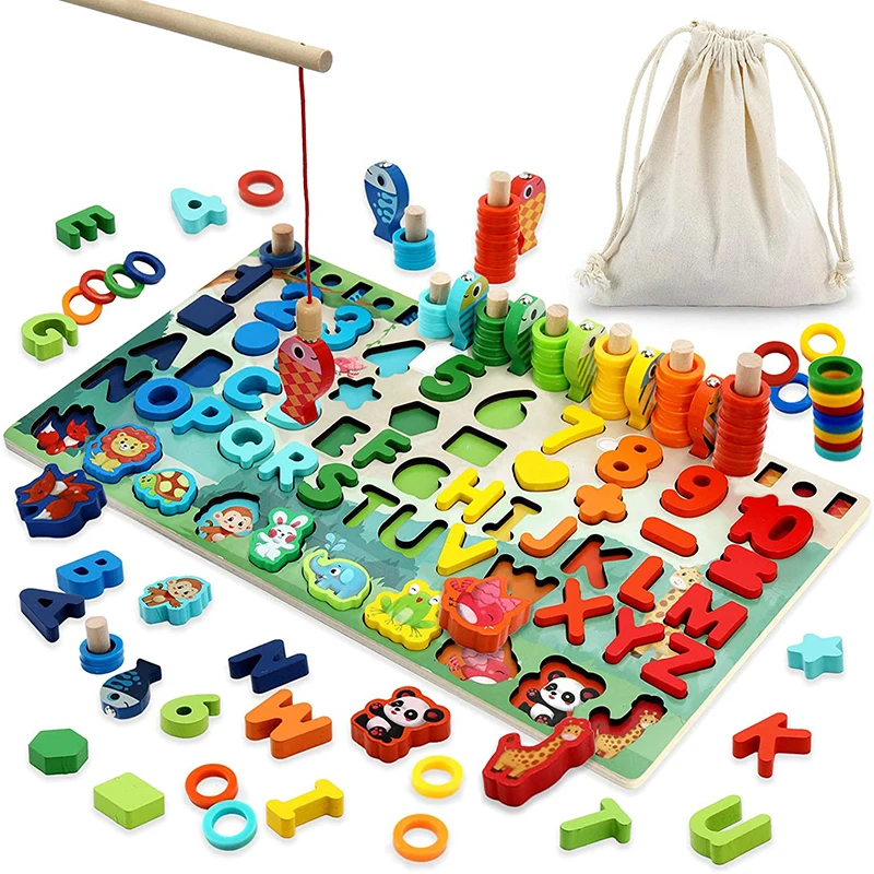 

Wooden Puzzles Shape Sorter Board Counting Stacking Rings Magnetic Fishing Early Education Learning Toys for 3-6 Years Old kids