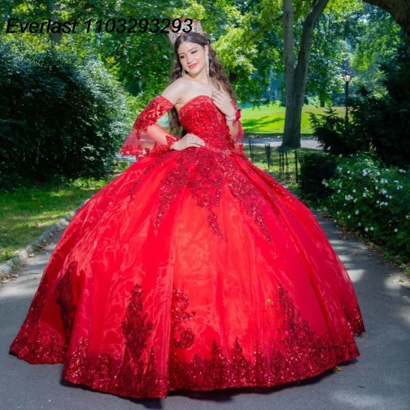 EVLAST индивидуальное красное платье Quinceanera с блестками бальное аппликация корсет
