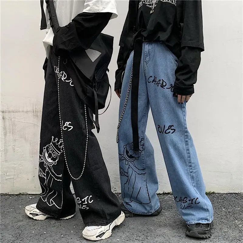 

Graffiti printed street jeans women's gothic mopping loose wide-leg pants Harajuku street casual all-match jeans trousers women