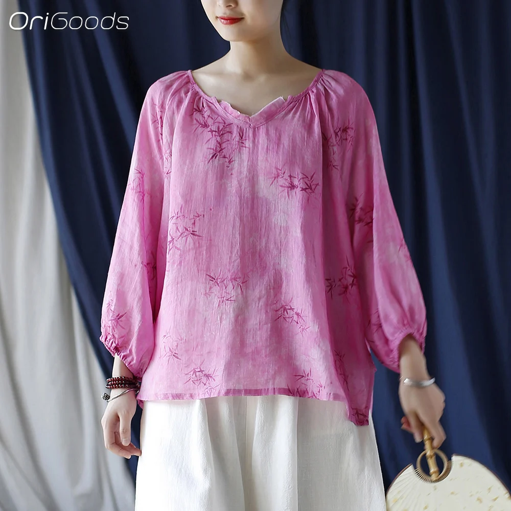 Оригинальная женская блузка Ramie свободная тонкая рубашка из ткани рами милая в