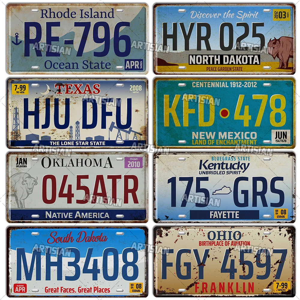 

Artisian US State Weathered License Plate Retro America Number Plate Vintage Vehicle Registration Decorative Metal Plaque Wall