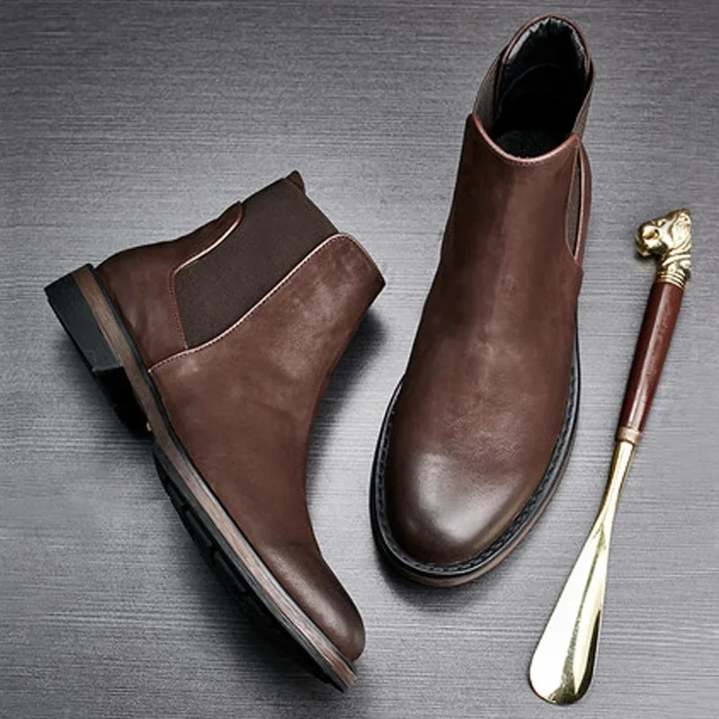 

2021 New Fashion Vintage Men Casual Shoes Handmade Cow Leather Autumn Winter Ankle Boots Slip-On Wedding Chelsea Boots