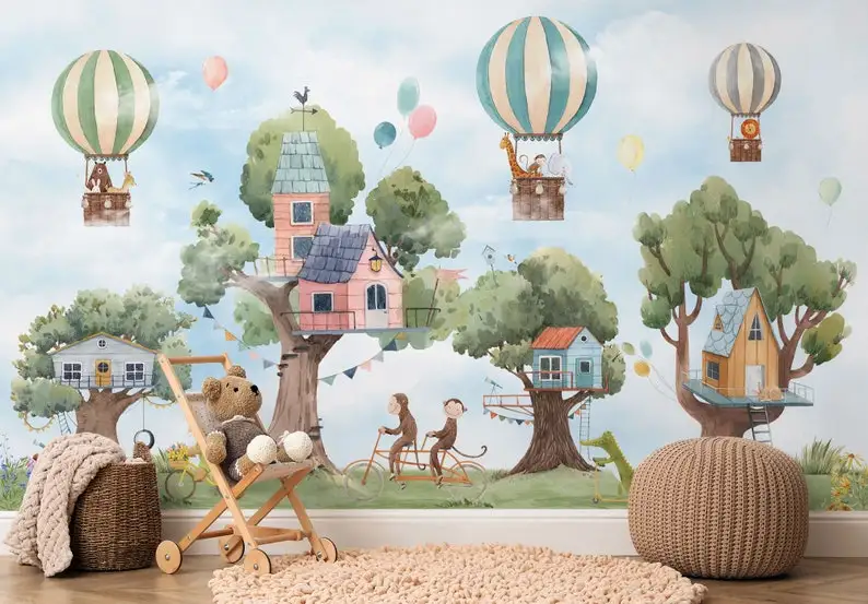 

Kids Wallpaper Peel and Stick Cute Flying Animals with Treehouse Wall Mural