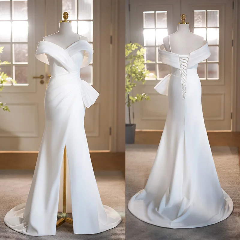 

Evening Dress White Boat Neck Floor-Length Lace Up Short Sleeves Mermaid Pleat Satin Elegant Party Formal Dresses Woman B2712