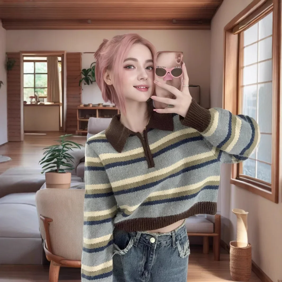 Новинка 2024 винтажный дизайн чувственный цветной полосатый свитер на молнии с