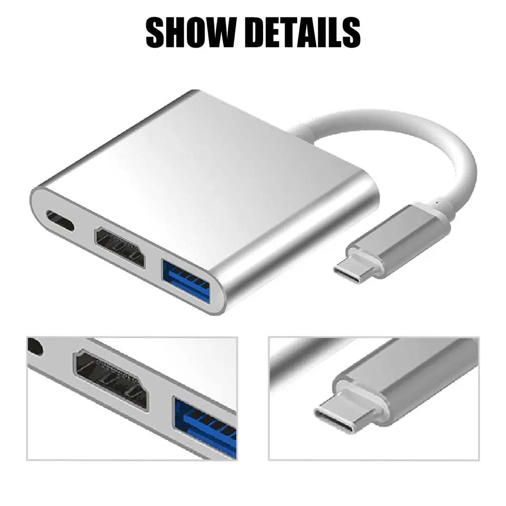

Портативный многопортовый адаптер 3 в 1, внешний адаптер для HDMI-совместимый 4K USB 3.1, многофункциональный конвертер PD для зарядки ноутбука