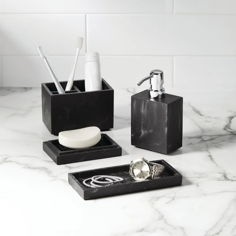 

Black 4 Pcs Vanity Organizer Set Organizer includes soap dispenser with lid and a matching tray